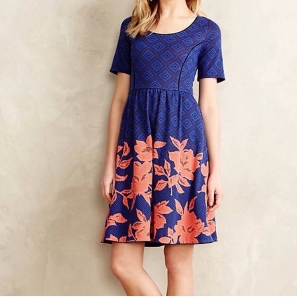 Anthropologie HD in Paris Blue and Coral Floral Fit-and-Flare Dress